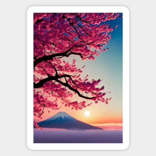 Mount Fuji with a sakura tree at sunset Sticker